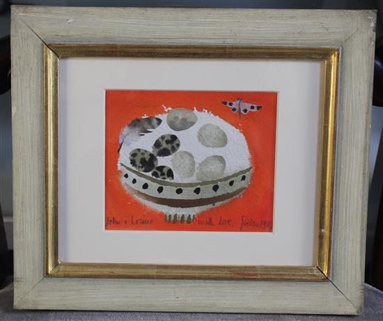 § Mary Fedden (1915-2012) Birds egg and feather on orange, 4 x 5in.